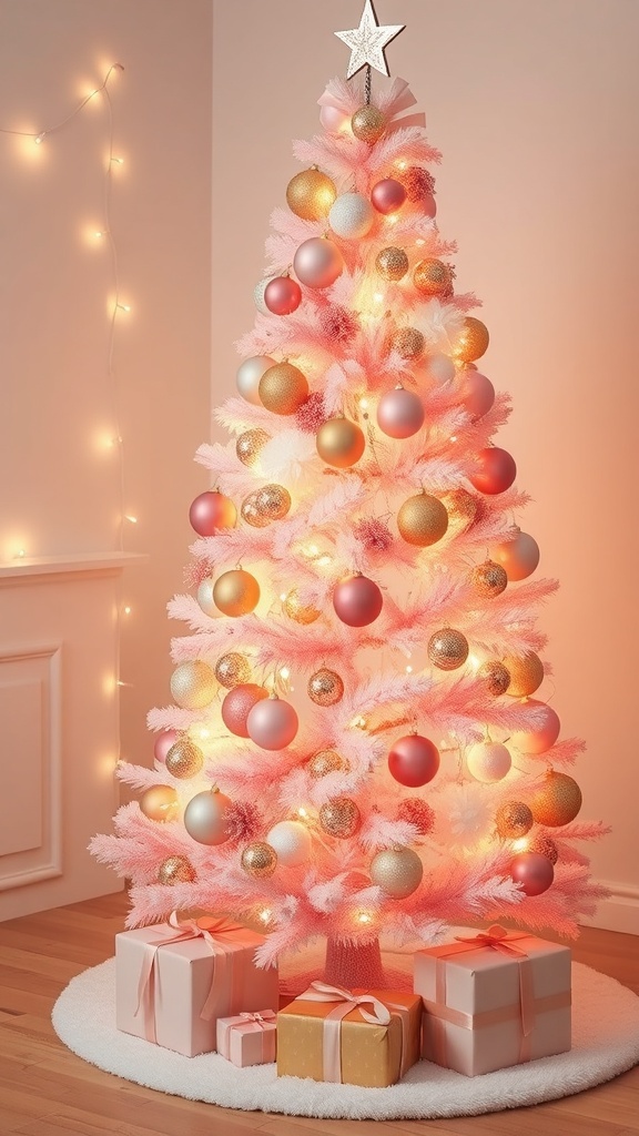 Aesthetic pink Christmas tree with pink and gold ornaments, warm lights, and a white tree skirt.